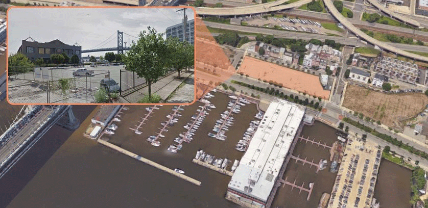 Aerial and street-level insert showing location of Vine St. parking lot slated for redevelopment. Credit: Delaware River Waterfront Corporation