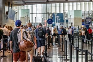 Passengers wait to pass through security at the Austin-Bergstrom International Airport on Aug. 31 in Austin, Texas. (Getty Images)