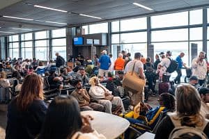 People prepare to board their flight at the Austin-Bergstrom International Airport on July 3 in Austin, Texas. Transportation Security Administration data shows there were 18.6 million air passengers between July 1-7 this year, a 1.2% increase over last year. (Getty Images)