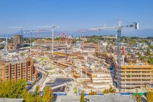 An aerial view of construction and development in Vancouver, British Columbia. (Justin Eckersall/CoStar)