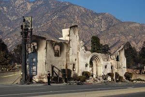 Altadena Community Church opened in 1947 and was designed in the Spanish Mission style. It was destroyed in the Eaton fire. (Allen J. Schaben/Los Angeles Times via Getty Images)