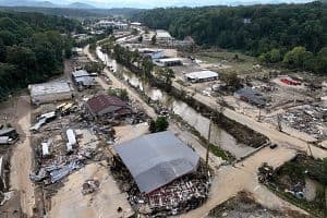 An aerial view of flood damage wrought by Hurricane Helene along the Swannanoa River on Oct. 3, in Asheville, North Carolina. At least 200 people were killed in six states in the wake of the powerful hurricane which made landfall as a Category 4. (Getty Images)