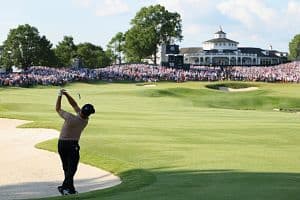 Xander Schauffele plays his second shot on the 18th hole during the final round of the 2024 PGA Championship at Valhalla Golf Club on May 19 in Louisville, Kentucky. (Photo by Christian Petersen/Getty Images) (Getty Images)