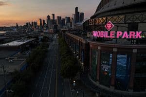 During the week of June 11-17, Seattle hotels achieved the nation's highest occupancy at 86.8%. Pictured is Seattle Mariners' stadium T-Mobile Park at sunset. (Getty Images)
