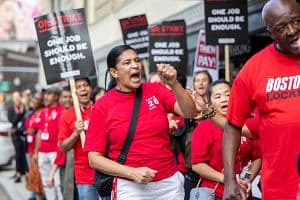 Hotel workers in Boston, Massachusetts picket at a rally in 2024. (Getty Images)