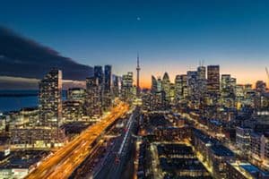 Aerial view of the skyline of Toronto, Ontario, Canada at night. (Marcus Oleniuk/CoStar)