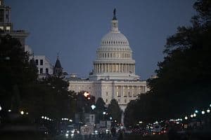 The U.S. Capitol building is seen from Freedom Plaza during the 20th day of the ongoing federal government shutdown in Washington, D.C., on Oct. 20. (Getty Images)