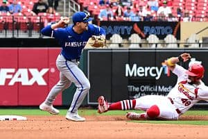 St. Louis Cardinals designated hitter Ivan Herrera (48) is forced out at second during game one of a doubleheader between the Kansas City Royals and the St. Louis Cardinals on June 5 at  Busch Stadium in St. Louis, Missouri. (Getty Images)