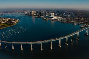 San Diego hotels reported weekday RevPAR growth of 26% during the week of June 2-8. Pictured is the Coronado Bridge and downtown San Diego viewed from Coronado, California. (Getty Images)