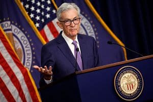 Federal Reserve Bank Chair Jerome Powell announces that interest rates will remain unchanged during a news conference on Wednesday. (Photo by Kevin Dietsch/Getty Images)