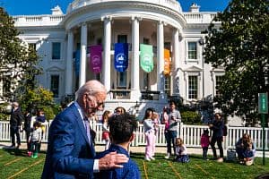 U.S. President Joe Biden greet guest during the 2023 White House Easter Egg Roll on the South Lawn of the White House on Monday, April 10. (The Washington Post/Getty Images)