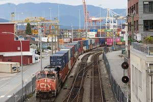 A Canadian National Railway locomotive pulls a train carrying shipping containers through the CPKC Waterfront Layover Yard in Vancouver, British Columbia. (Getty Images)