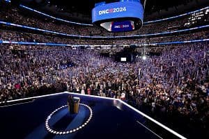 U.S. Vice President Kamala Harris speaks during the Democratic National Convention at the United Center in Chicago on Aug. 22. (Bloomberg/Getty Images)