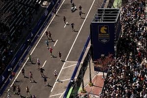 Runners make their way down Boylston street during the 129th Boston Marathon on April 21 in Boston, Massachusetts. (Getty Images)