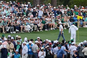 Rory McIlroy acknowledges the crowd on the third green during the third round of the 2025 Masters Tournament at Augusta National Golf Club on April 12 in Augusta, Georgia. Hotel RevPAR in the market rose 13% during the week due to the tournament. (Getty Images)