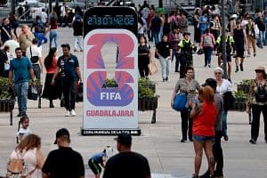People walk past the FIFA World Cup 2026 countdown clock at Paseo Alcalde in Guadalajara, Mexico, on Sept. 10. The 2026 FIFA World Cup will be held in Mexico, the United States, and Canada. (Getty Images)