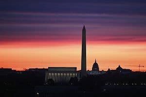 The sun rises with view of Lincoln Memorial, the Washington Monument and the U.S. Capitol during in Washington, D.C., on March 16. (Getty Images)